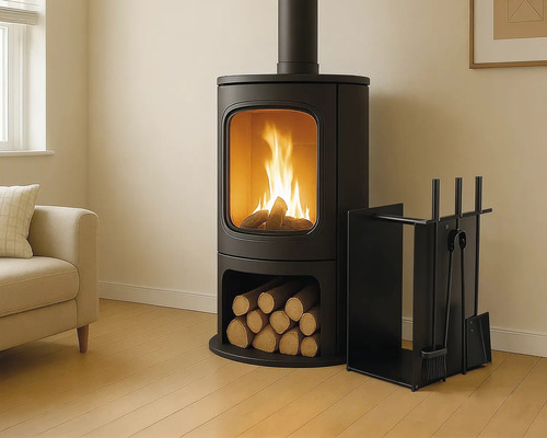 Moderner schwarzer Kaminofen mit brennendem Feuer und Holzfach in einem hellen Wohnzimmer mit Sofa und Kaminbesteck.