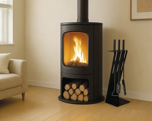 Moderner schwarzer Kaminofen mit großem Sichtfenster, brennendem Feuer, Holzfach und Kaminbesteck-Set in einem hellen Wohnzimmer.