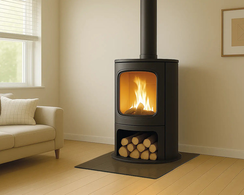 Moderner Kaminofen aus schwarzem Metall mit brennendem Feuer im Wohnzimmer, integriertem Holzfach und Glasbodenschutzplatte.