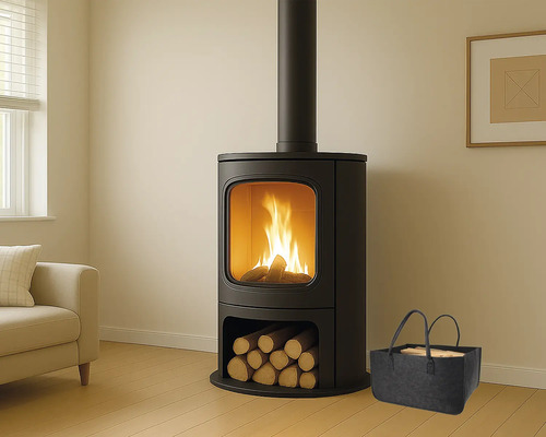 Moderner schwarzer Kaminofen mit brennendem Feuer, integriertem Holzfach und Filzkorb in einem hellen Wohnzimmer.