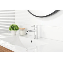 Einhebel-Waschtischarmatur aus Chrom auf einem Waschbecken in einem hellen, modern eingerichteten Badezimmer mit Spiegel und Pflanze.