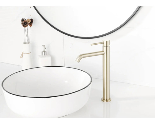 Modernes Badezimmer mit hoher Einhebel-Waschtischarmatur in gebürstetem Metall, rundem weißem Aufsatzwaschbecken und rundem Spiegel.