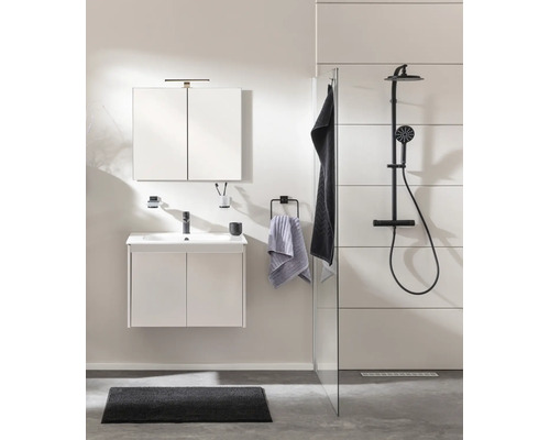 Modernes Badezimmer mit weißem Waschtisch, Spiegelschrank sowie schwarzer Armatur und Duschsystem.