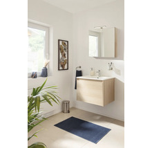 Modernes Badezimmer mit hellem Waschtischunterschrank, weißem Waschbecken, Spiegelschrank, blauer Badematte und Wanddekoration.
