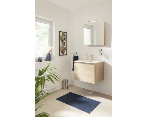 Modernes Badezimmer mit hellem Waschtischunterschrank, weißem Waschbecken, Spiegelschrank, blauer Badematte und Wanddekoration.