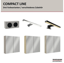 Fackelmann Compact Line Badezimmermöbel: Spiegelschränke in drei Varianten, LED-Leuchten und Steckdosenelement. Fackelmann Logo.
