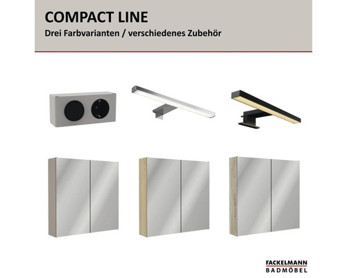 Fackelmann Compact Line Badezimmermöbel: Spiegelschränke in drei Varianten, LED-Leuchten und Steckdosenelement. Fackelmann Logo.