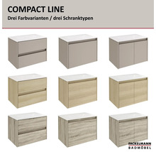 Fackelmann Badmöbel Logo. Übersicht der Compact Line Badmöbel mit Waschbecken in drei Dekoren und drei Schranktypen mit Schubladen oder Türen.