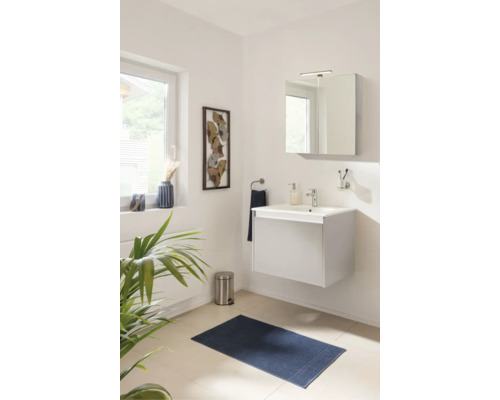 Modernes, helles Badezimmer mit wandhängendem Waschbeckenunterschrank, Spiegelschrank, blauem Vorleger und einer Zimmerpflanze.