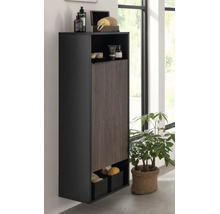 Moderner, wandhängender Badezimmer-Hochschrank in Anthrazit und Holzoptik in einem hellen, organisierten Raum neben einer Zimmerpflanze.