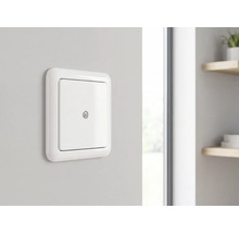 Weiße Blindabdeckung mit Zentralschraube an einer Wand montiert.