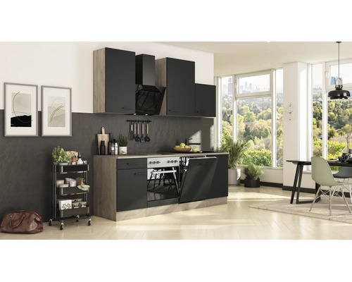 Moderne Einbauküche mit Ober- und Unterschränken, integriertem Backofen, Geschirrspüler und Dunstabzugshaube in einem hellen, aufgeräumten Raum.