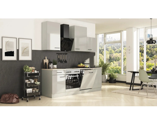 Moderne Einbauküche in Hellgrau Hochglanz mit dunkler Rückwand, Backofen, Geschirrspüler und Servierwagen in hellem, offenem Wohnbereich.