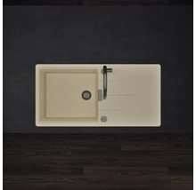 Draufsicht auf eine beige Küchenspüle mit einem Becken, Abtropffläche und dunkler Armatur.
