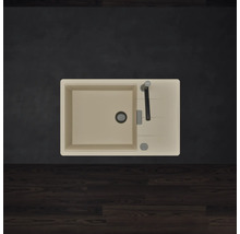 Rechteckige beige Küchenspüle mit einem Becken, Abtropffläche und Küchenarmatur. Ansicht von oben.