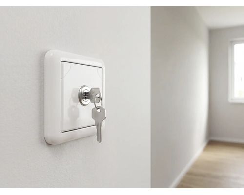 Schlüsselschalter an einer Wand montiert mit eingestecktem Schlüssel in einem hellen, modernen Raum.