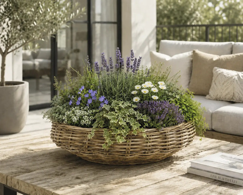Runder Korb-Pflanzkübel mit Lavendel, Gänseblümchen und Efeu auf einem Holztisch in einem hellen Terrassenbereich mit Gartenmöbeln.