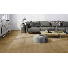Modernes Wohnzimmer mit hellem Boden in Eichenoptik, einem grauen Sofa, einem Couchtisch aus Holz und einem Fahrrad an der Wand.