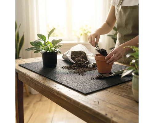 Person beim Umtopfen einer Zimmerpflanze auf einer schwarzen Gartenmatte mit Erde, Tontopf und Handschaufel auf einem Holztisch.