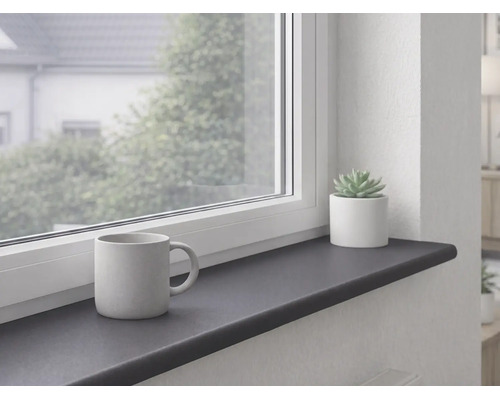 Anthrazitfarbene Innenfensterbank unter einem weißen Fenster montiert, dekoriert mit einer Tasse und einer Sukkulente im Topf.