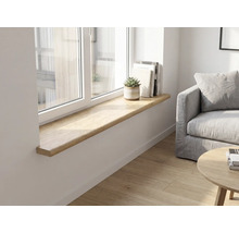 Modernes, helles Wohnzimmer mit einer langen Fensterbank aus Holz, dekoriert mit einer Pflanze und Büchern, neben einem Sofa und Holzboden.