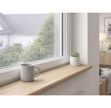 Helle Fensterbank in Holzoptik im modernen Innenraum mit Tasse und kleiner Pflanze vor einem Fenster.