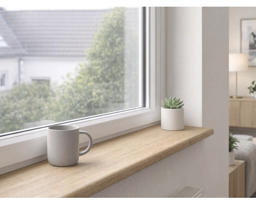 Helle Fensterbank in Holzoptik im modernen Innenraum mit Tasse und kleiner Pflanze vor einem Fenster.