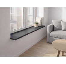 Schwarze Fensterbank in einem modernen, hellen Wohnzimmer mit Sofa, Holzboden, Büchern und einer Pflanze auf dem Sims.