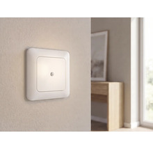 Weißer Lichtschalter oder Dimmer an einer strukturierten Wand in einem hellen, modern eingerichteten Raum mit Holzmöbeln.