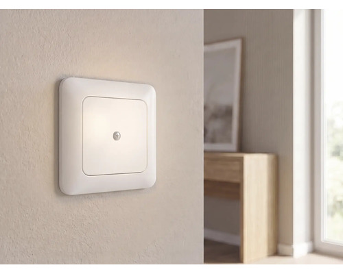 Weißer Lichtschalter oder Dimmer an einer strukturierten Wand in einem hellen, modern eingerichteten Raum mit Holzmöbeln.