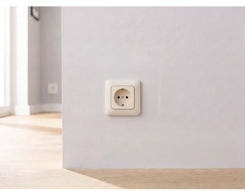 Schuko Steckdose an einer weißen Wand über einem Holzfußboden in einem hellen Raum.
