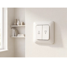Jalousieschalter mit zwei Wippen und Symbolen für auf und ab an einer Wand in einem hellen Raum.
