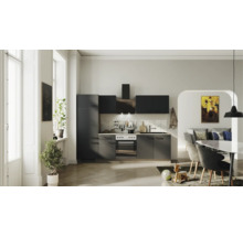 Moderne Küchenzeile in Dunkelgrau mit Elektrogeräten, Dunstabzugshaube, Spüle und Fliesenspiegel in hellem, offenem Wohnbereich.