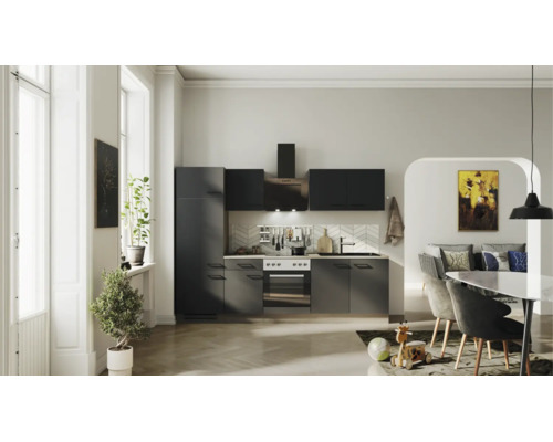 Moderne Küchenzeile in Dunkelgrau mit Elektrogeräten, Dunstabzugshaube, Spüle und Fliesenspiegel in hellem, offenem Wohnbereich.