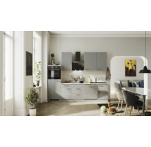 Moderne graue Küchenzeile mit Backofen, Dunstabzugshaube und Spüle in einem hellen, geräumigen Raum mit Pflanzen und Essbereich.