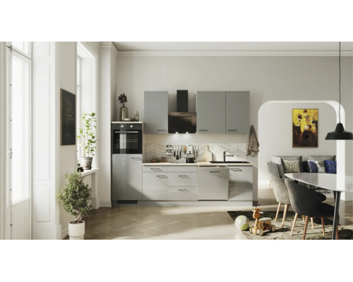 Moderne graue Küchenzeile mit Backofen, Dunstabzugshaube und Spüle in einem hellen, geräumigen Raum mit Pflanzen und Essbereich.