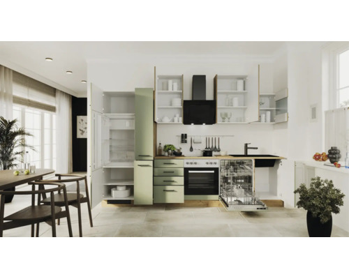Moderne, helle Küche mit Einbaugeräten, sagegrünen und weißen Schränken sowie einer Arbeitsplatte in Holzoptik.
