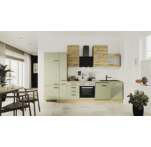 Moderne Küchenzeile in Salbeigrün und Holzoptik mit Backofen, Kochfeld, Dunstabzugshaube und Geschirrspüler in einem hellen Raum.