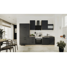 Moderne Küchenzeile in Schwarz matt mit Arbeitsplatte in Holzoptik, inklusive Backofen, Dunstabzugshaube und Geschirrspüler.