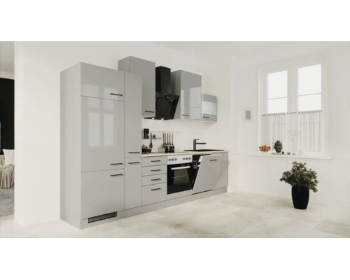 Moderne Einbauküche in Hochglanz-Optik mit Elektrogeräten wie Backofen, Dunstabzugshaube und Geschirrspüler in einem hellen Raum.