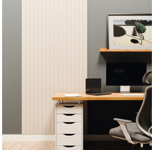 Moderner Arbeitsplatz mit hellen Wandpaneelen, einem Holzschreibtisch, Monitor, Laptop und einem weißen Schubladenschrank vor einer grauen Wand.