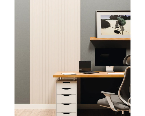 Moderner Arbeitsplatz mit hellen Wandpaneelen, einem Holzschreibtisch, Monitor, Laptop und einem weißen Schubladenschrank vor einer grauen Wand.