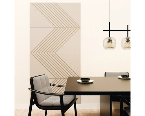 Modernes Esszimmer mit strukturiertem Wandpaneel in Beige, dunklem Esstisch und gemustertem Polstersessel.