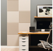 Moderner Arbeitsplatz mit hellen Akustikpaneelen an der Wand, Holzschreibtisch mit Monitor und Laptop sowie weißem Schubladenschrank.