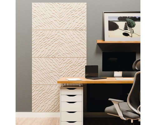 Modernes, organisiertes Arbeitszimmer mit einem hellen 3D-Wandpaneel mit Wellenmuster neben einem Holzschreibtisch mit Monitor und weißem Rollcontainer.