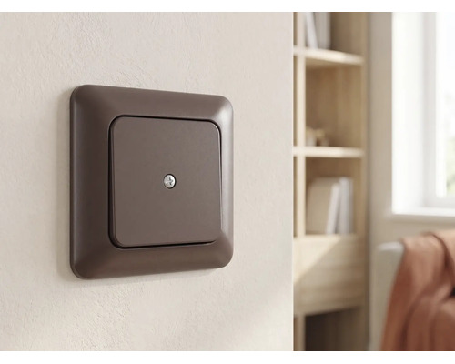 Braune Blindabdeckung aus Kunststoff, montiert an einer hellen Wand in einem hellen, organisierten Wohnraum.