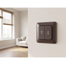 Dunkelbrauner Rollladenschalter mit Symbolen für die Auf- und Abbewegung an einer Wand in einem hellen Wohnzimmer.