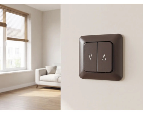 Dunkelbrauner Rollladenschalter mit Symbolen für die Auf- und Abbewegung an einer Wand in einem hellen Wohnzimmer.