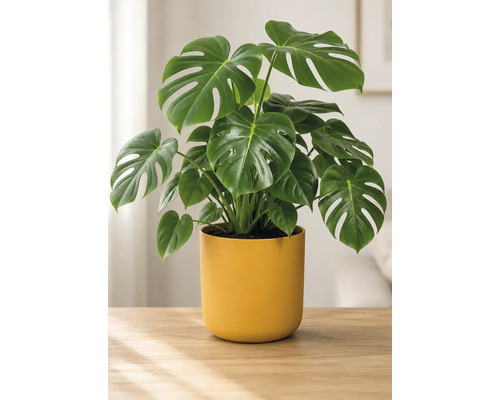 Monstera Deliciosa Zimmerpflanze mit großen, grünen Blättern in einem gelben Übertopf auf einem Holztisch in einem hellen Raum.
