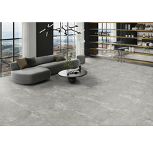 Modernes Wohnzimmer mit großformatigen grauen Bodenfliesen aus Feinsteinzeug in Betonoptik, grauem Sofa und großen Fenstern.